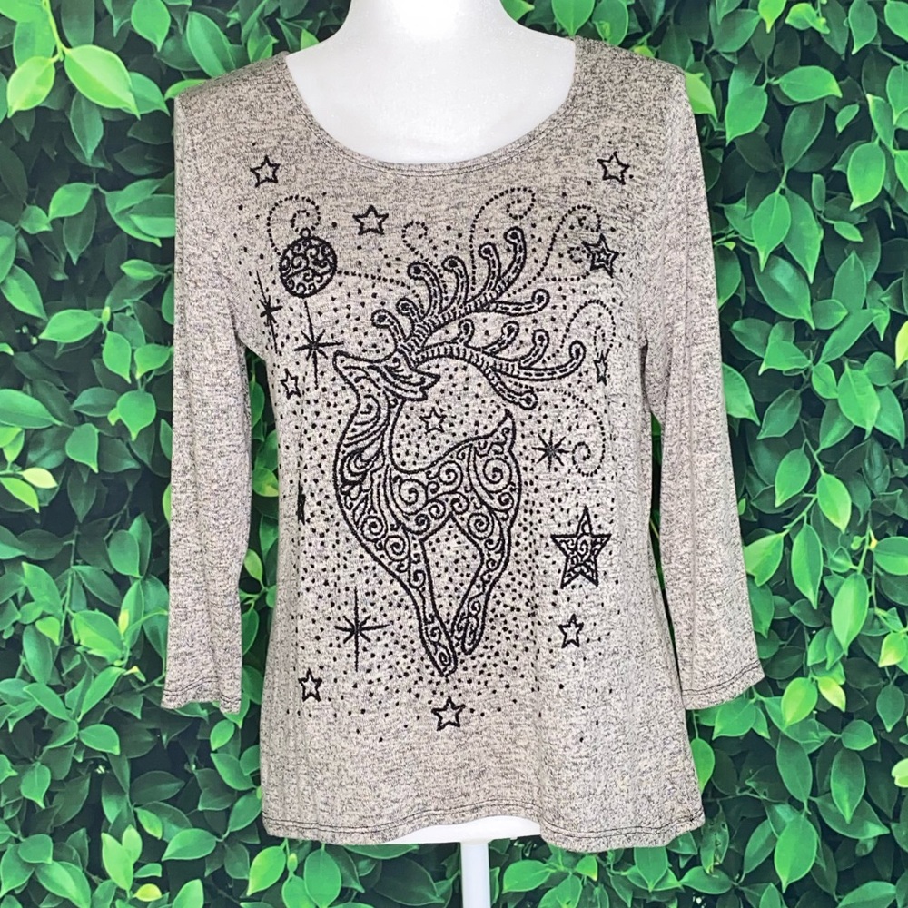 BEADED REINDEER EMBELLISHED TOP WITH 3/4 SLEEVES · SIZE S · NWOT - Picture 5 of 5